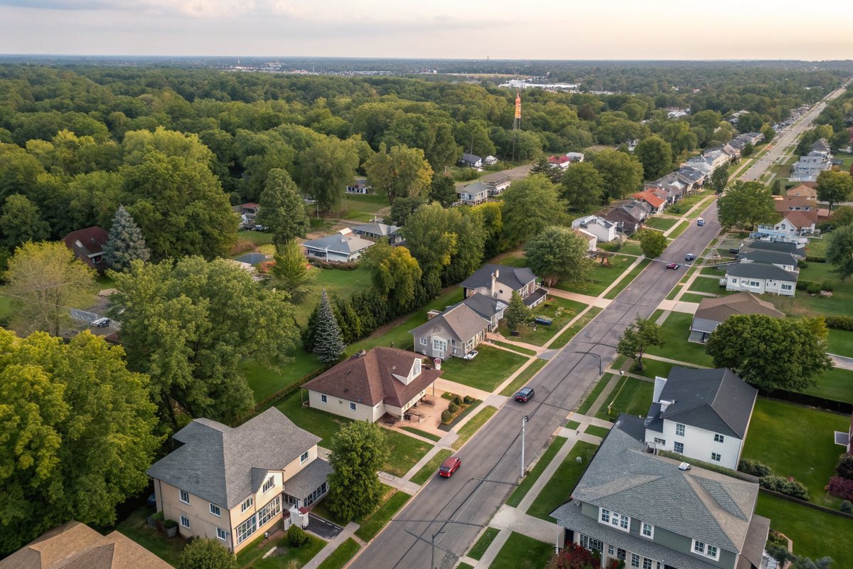 Aerial view of an older suburb of shingle-roofed homes on tree-lined streets