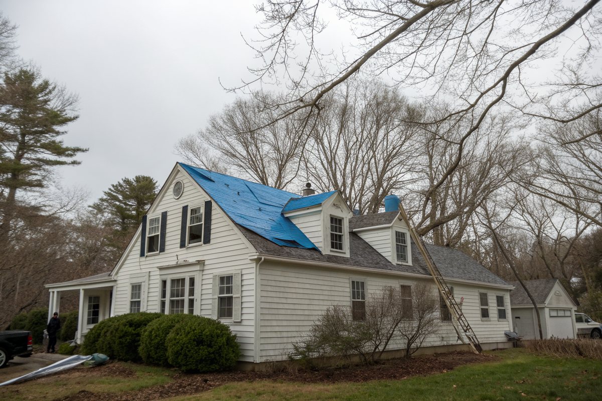 A Cape Cod house with dormers and a blue tarp over part of its roof