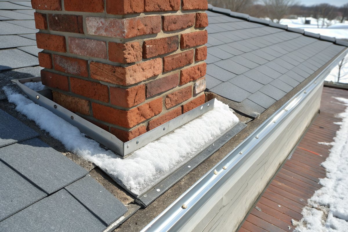 Metal flashing where an old red brick chimney meets a gray shingle roof with a little snow