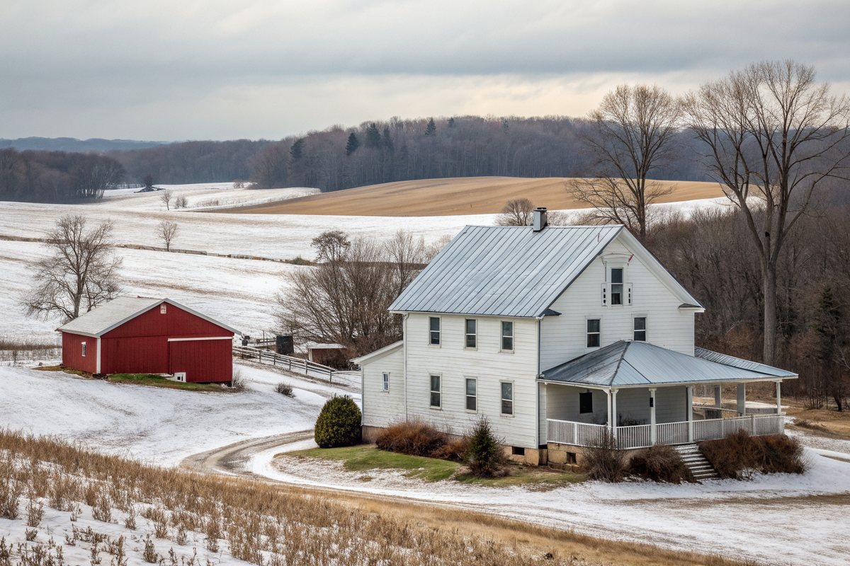 A white farmhouse with a silver metal roof and a red barn on snowy farm fields