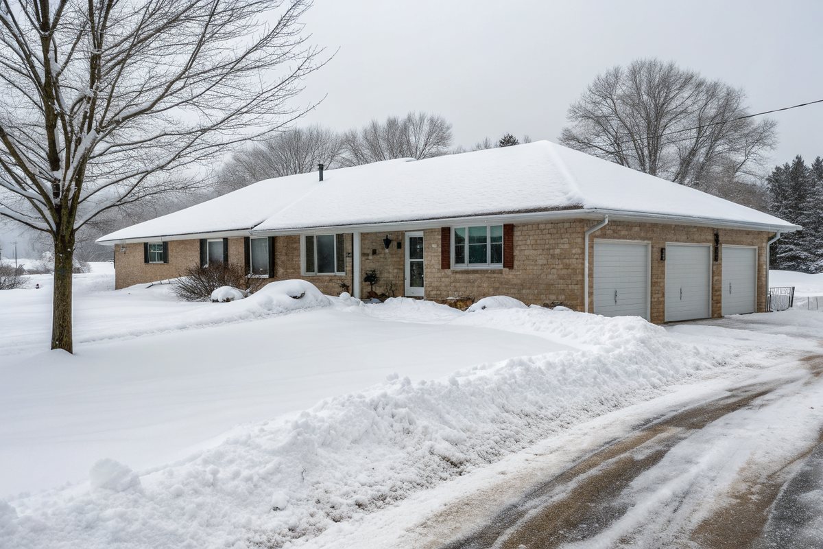 A one-story ranch house carrying a deep layer of snow on its roof