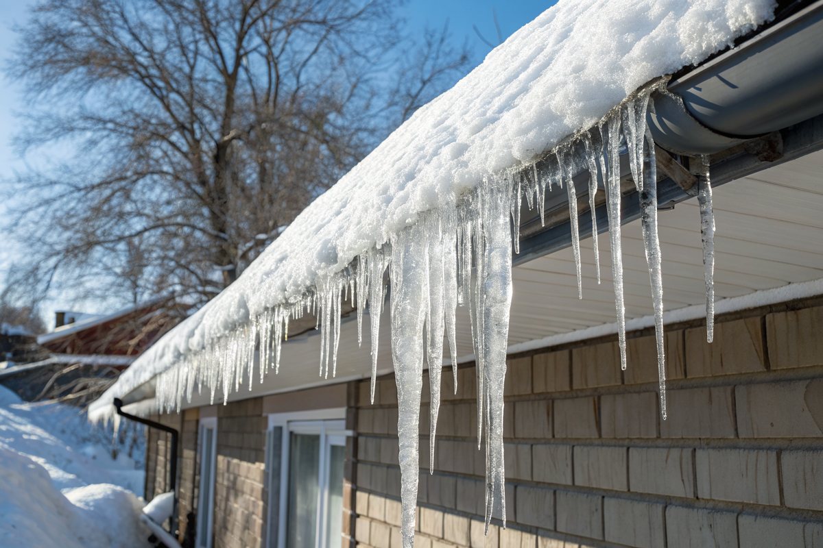 An ice dam and long icicles hanging from a snow-covered roof edge