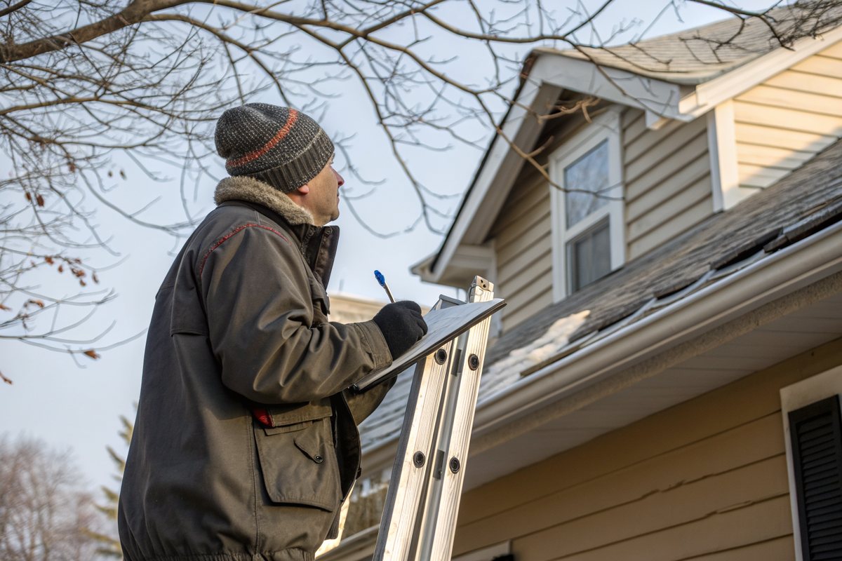 A man on a ladder checking the roof edge of a wood-frame house with a clipboard