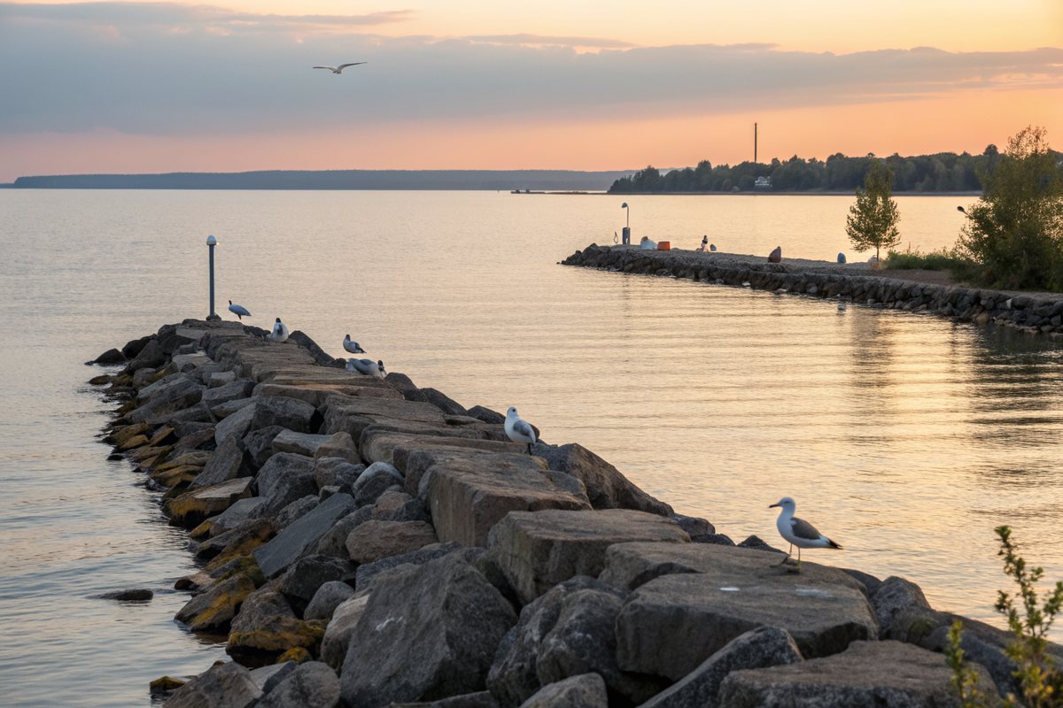 A rocky breakwater on a calm Great Lakes shore at sunset