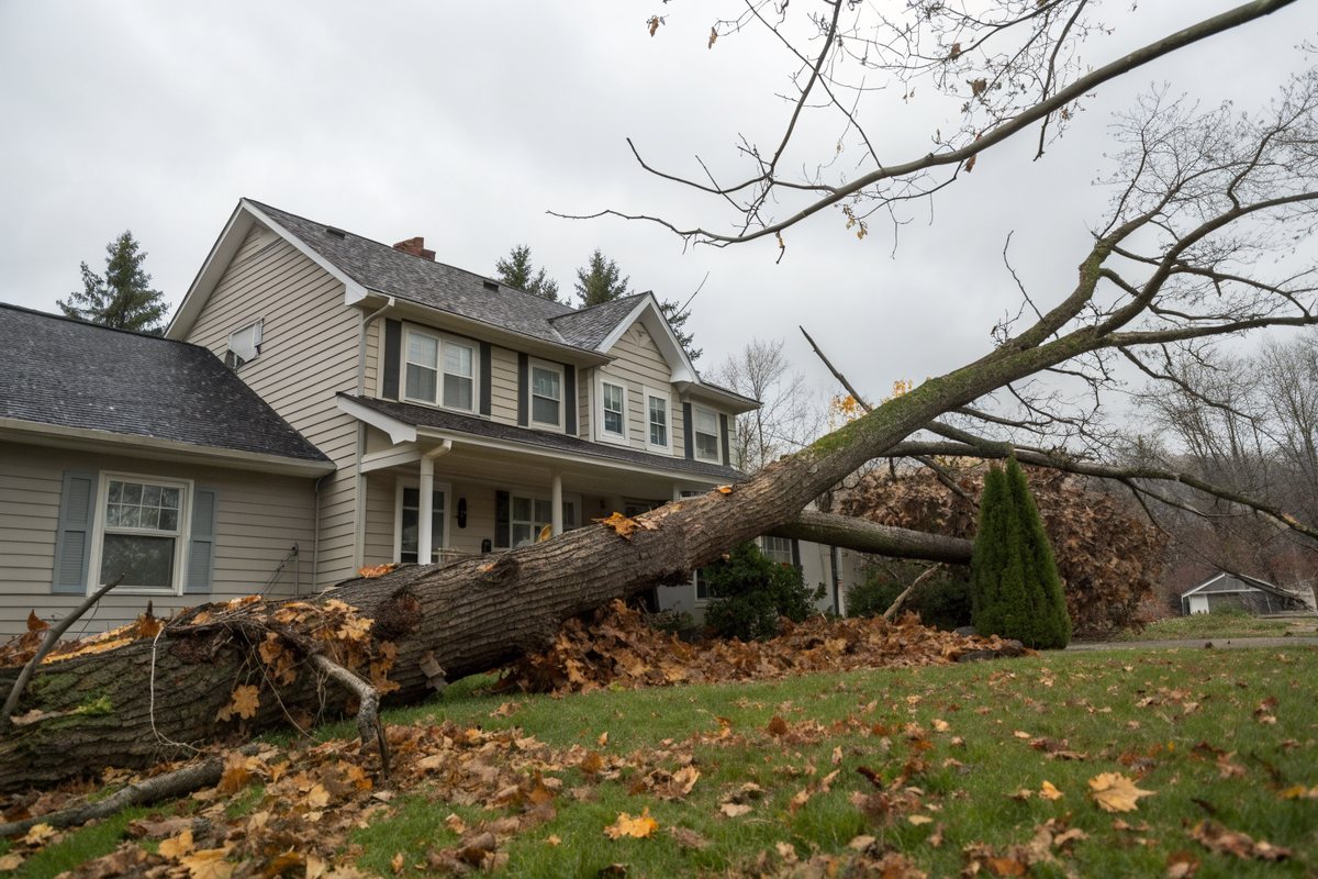A large maple limb fallen across the shingle roof of a two-story house
