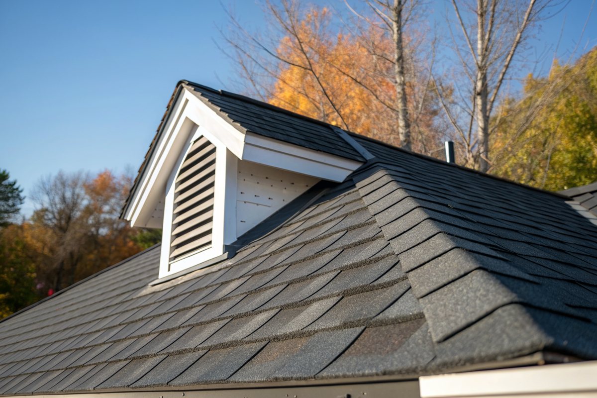 New dark gray architectural shingles meeting at a gable on a freshly replaced roof