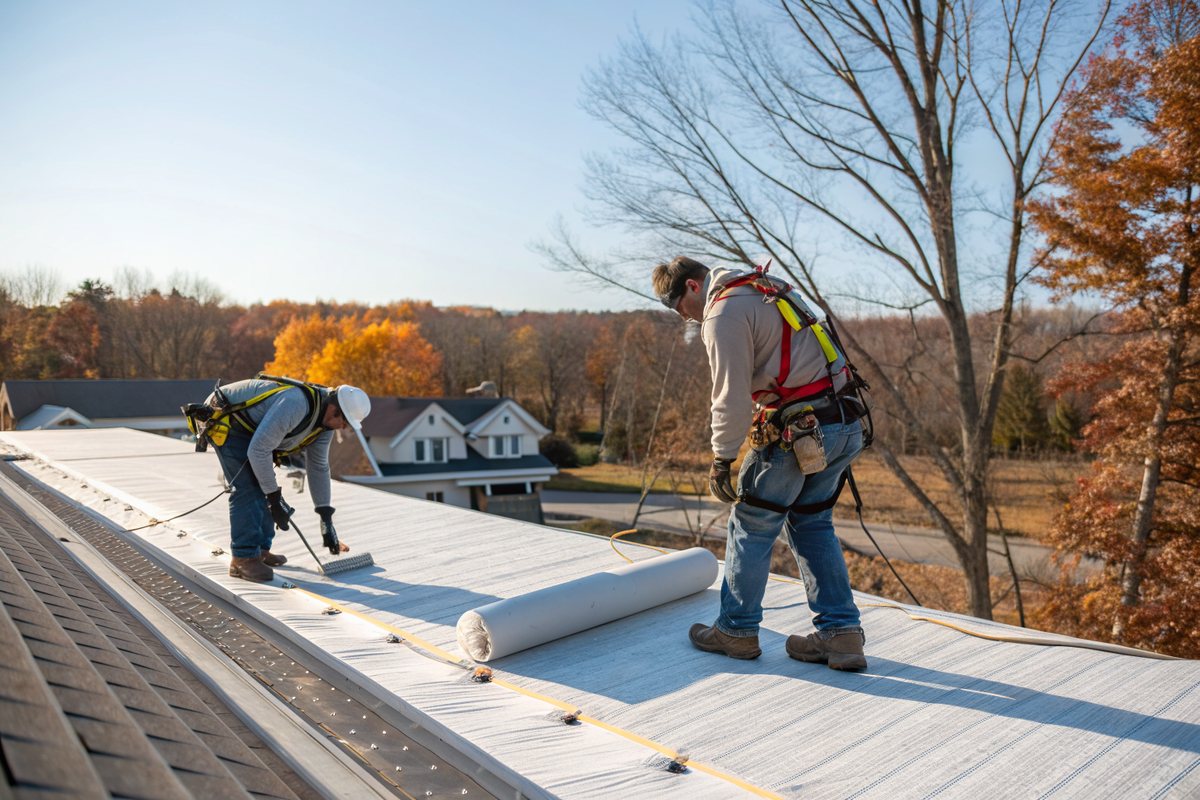Two roofers in harnesses rolling ice-and-water shield along the eave of a stripped roof