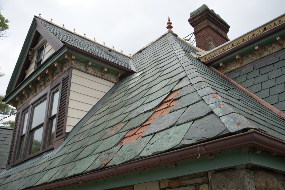 An old slate roof on a Victorian house with a few cracked slates and copper valley flashing