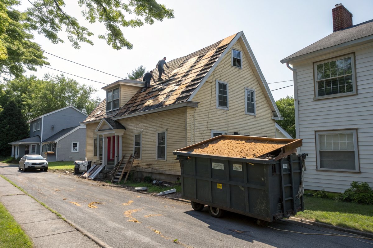 Old shingles torn off a tall wood-frame house down to the decking, with a dumpster in the driveway