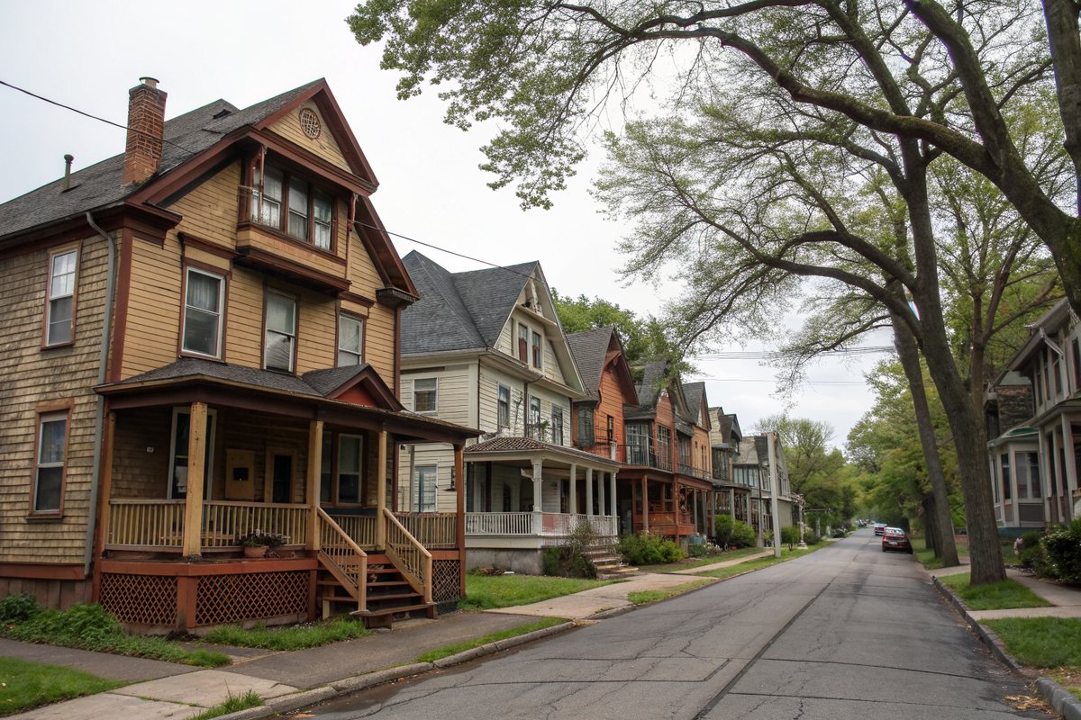 A row of tall two-family houses with stacked front porches on an older city street
