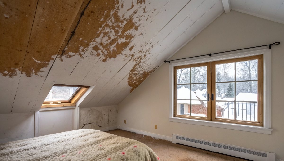 A brown water stain on the sloped ceiling of an upstairs bedroom in winter
