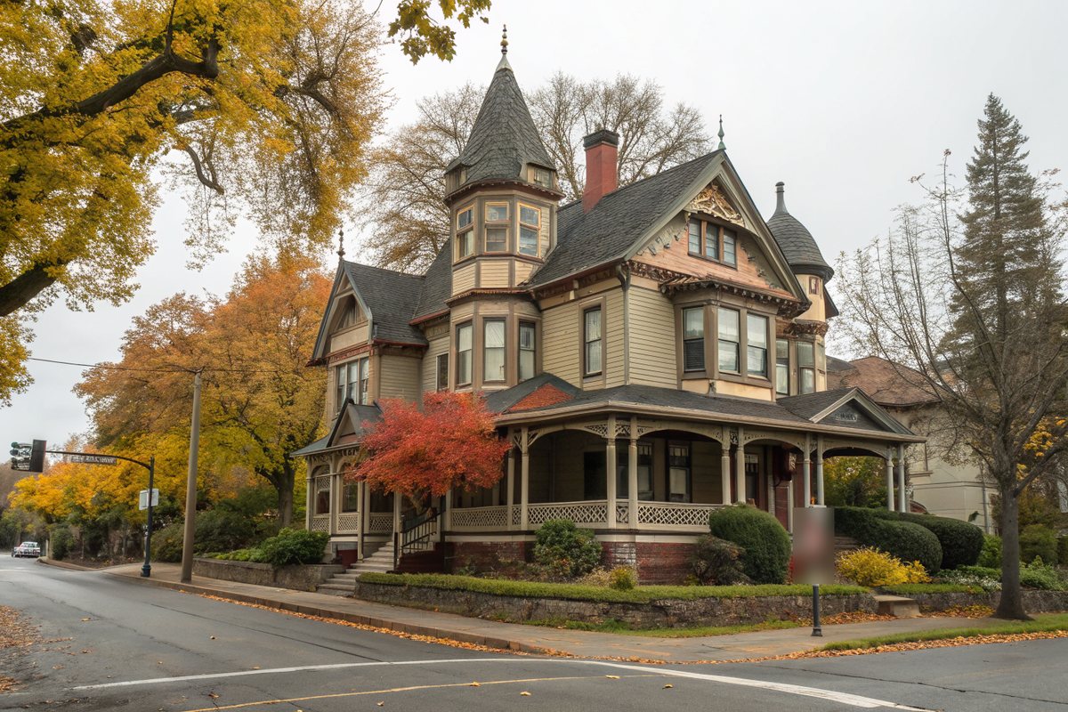 A restored Queen Anne Victorian house with a turret and wraparound porch on an old street