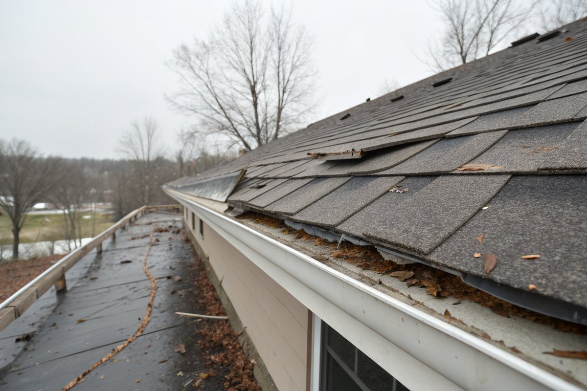 Wind-lifted and folded shingle tabs along a gutter edge